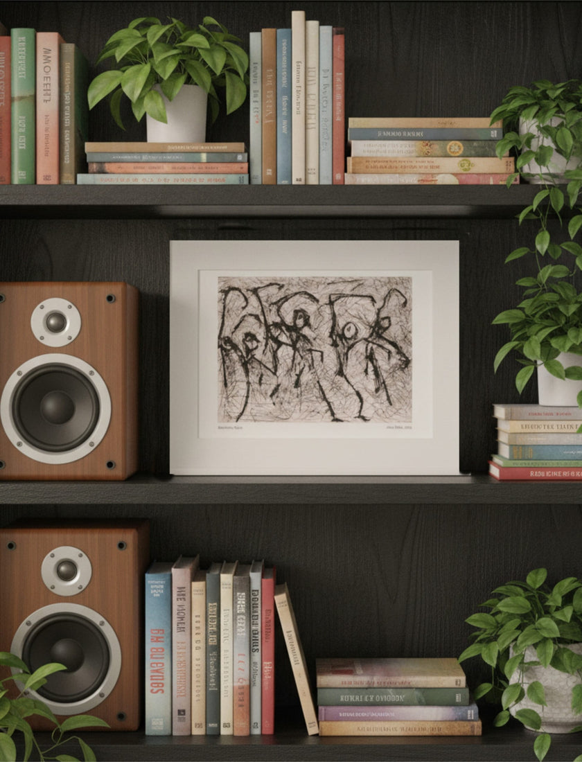 Heterodox Waltz mounted art print on a bookcase with books, plants and speakers