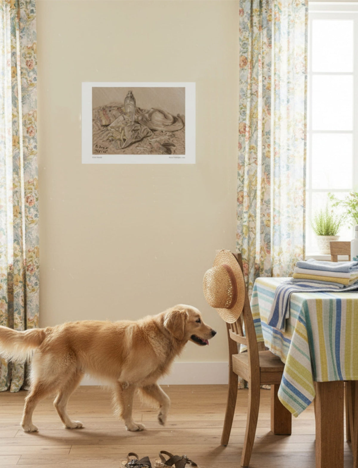 At the Seaside Art Print in a kitchen with dog and summer hats, shoes and towels