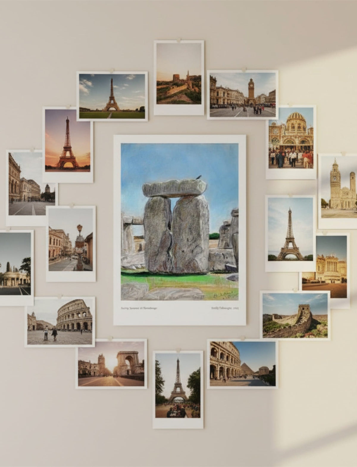 Sunny Summer at Stonehenge Art Print with travel postcards