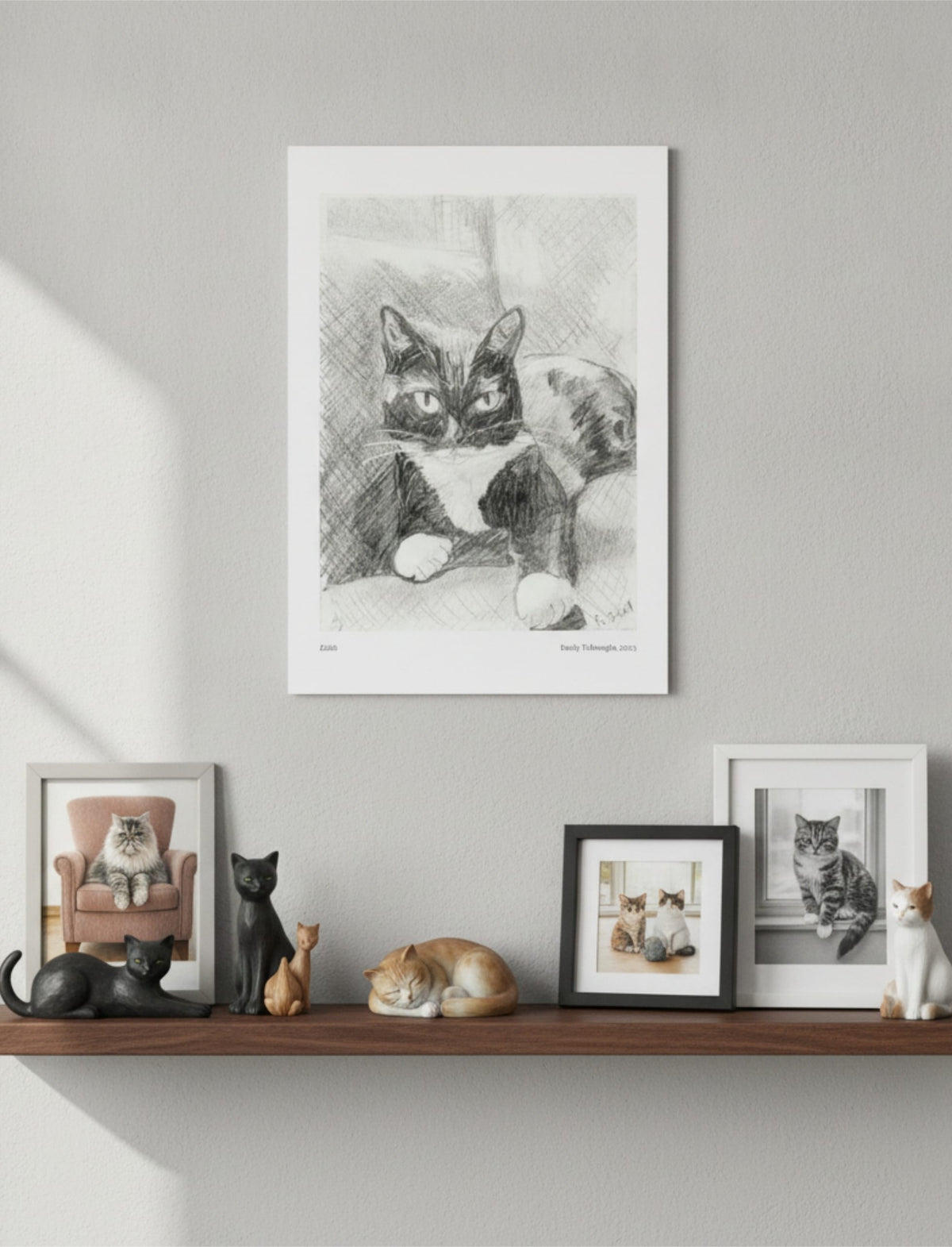 Edith the Cat Art Print on a wall above a shelf with cat photos and ornaments