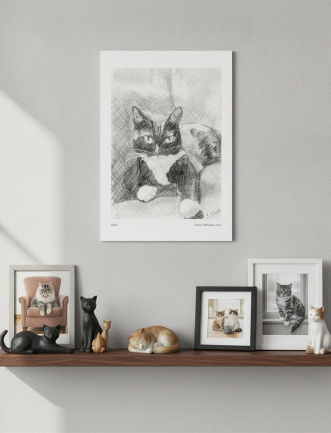 Edith the Cat Art Print on a wall above a shelf with cat photos and ornaments