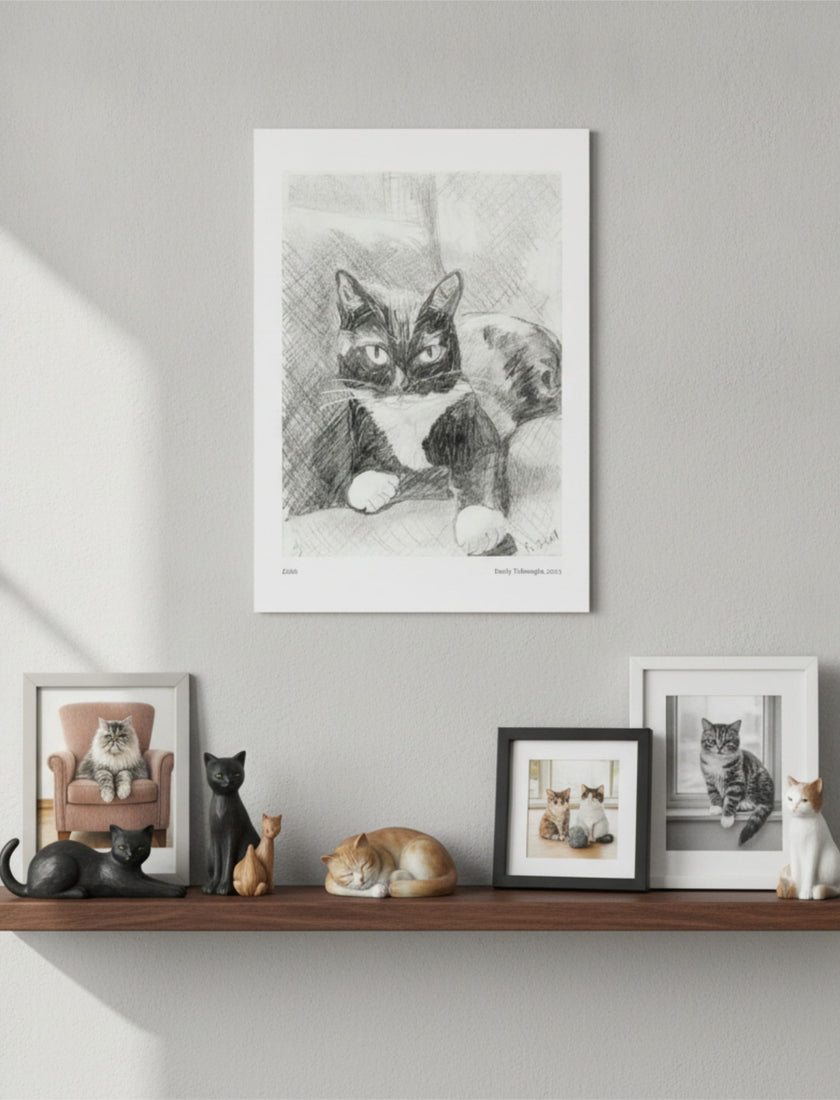 Edith the Cat Art Print on a wall above a shelf with cat photos and ornaments