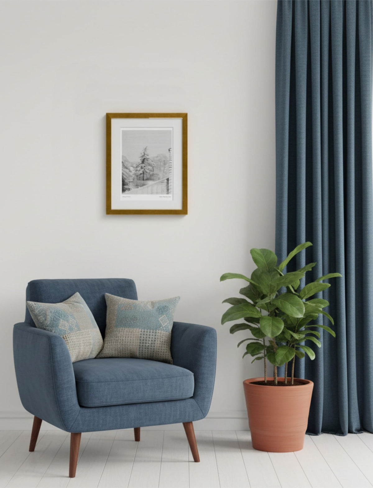 Snowy Fir Tree Framed Art Print hanging on a wall above a blue chair and pot plant with blue curtains