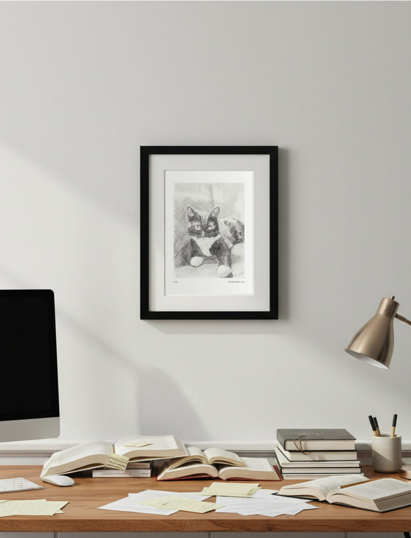Edith the Cat Framed Art Print over a desk with computer and lamp