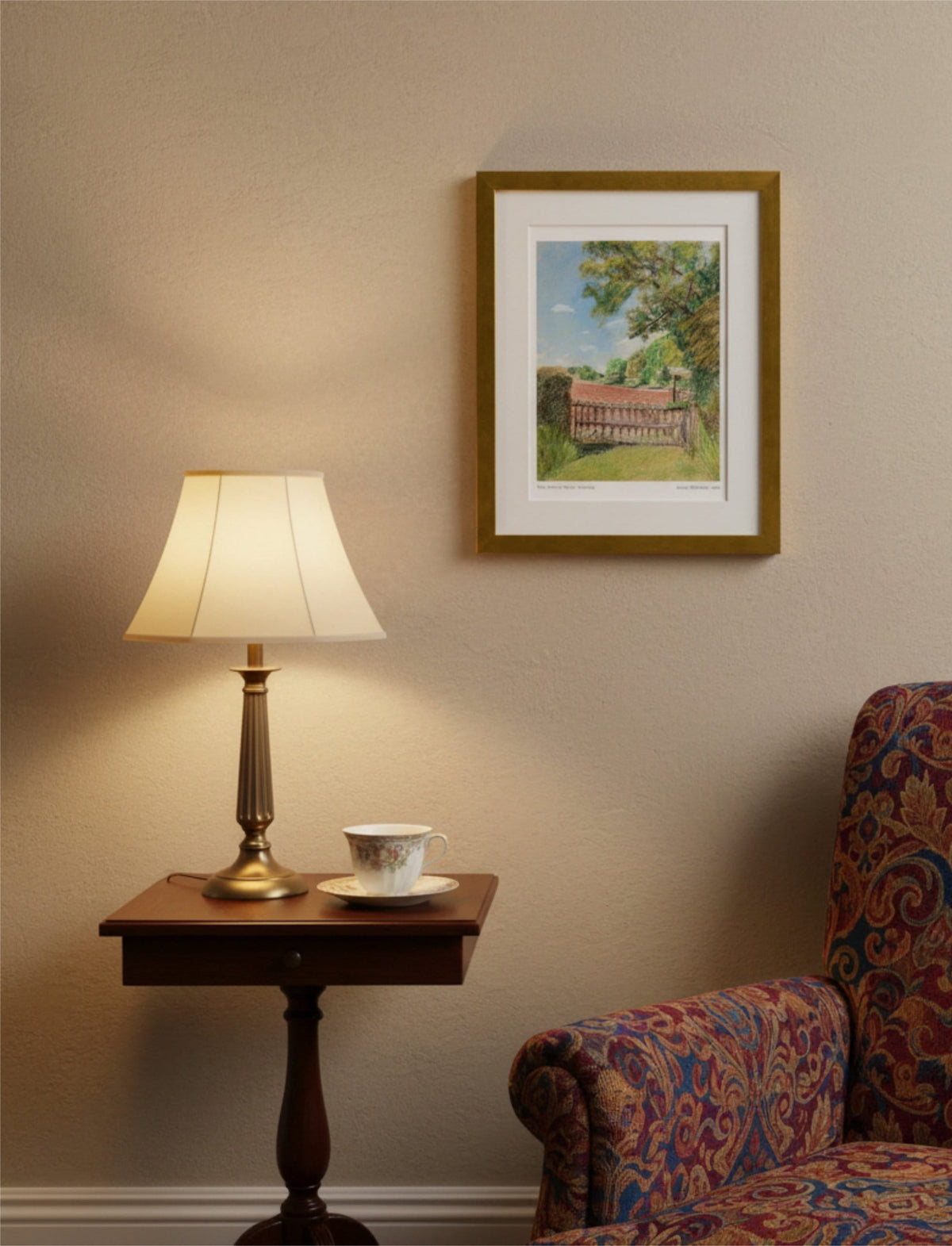 the view from St Mary's Kempley Framed Art Print above a red tapestry armchair and side table with lamp