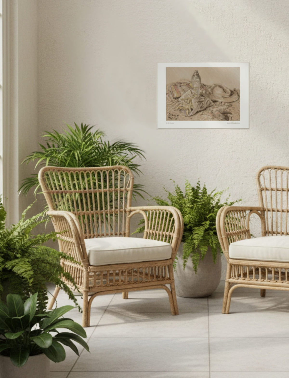 At the Seaside Art Print in a garden room with wicker chairs and plants