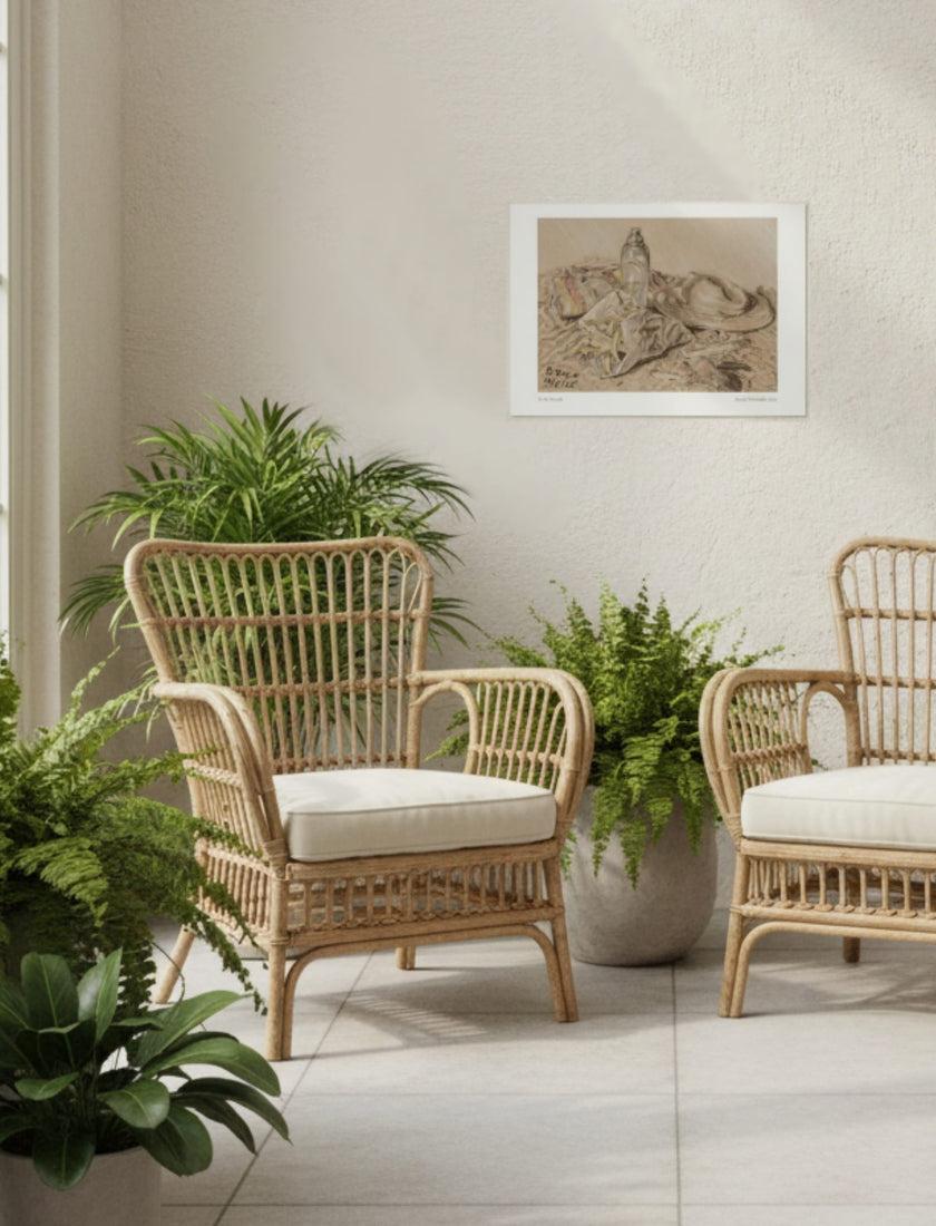 At the Seaside Art Print in a garden room with wicker chairs and plants
