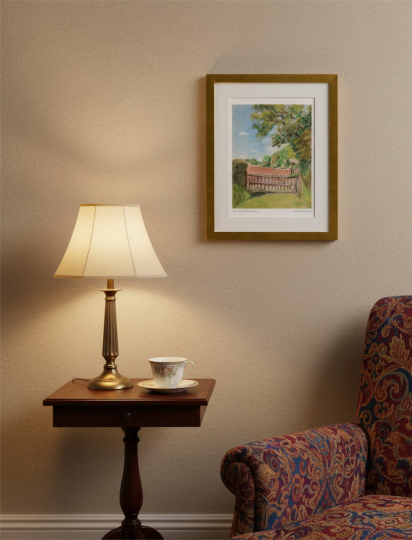 the view from St Mary's Kempley Framed Art Print above a red tapestry armchair and side table with lamp