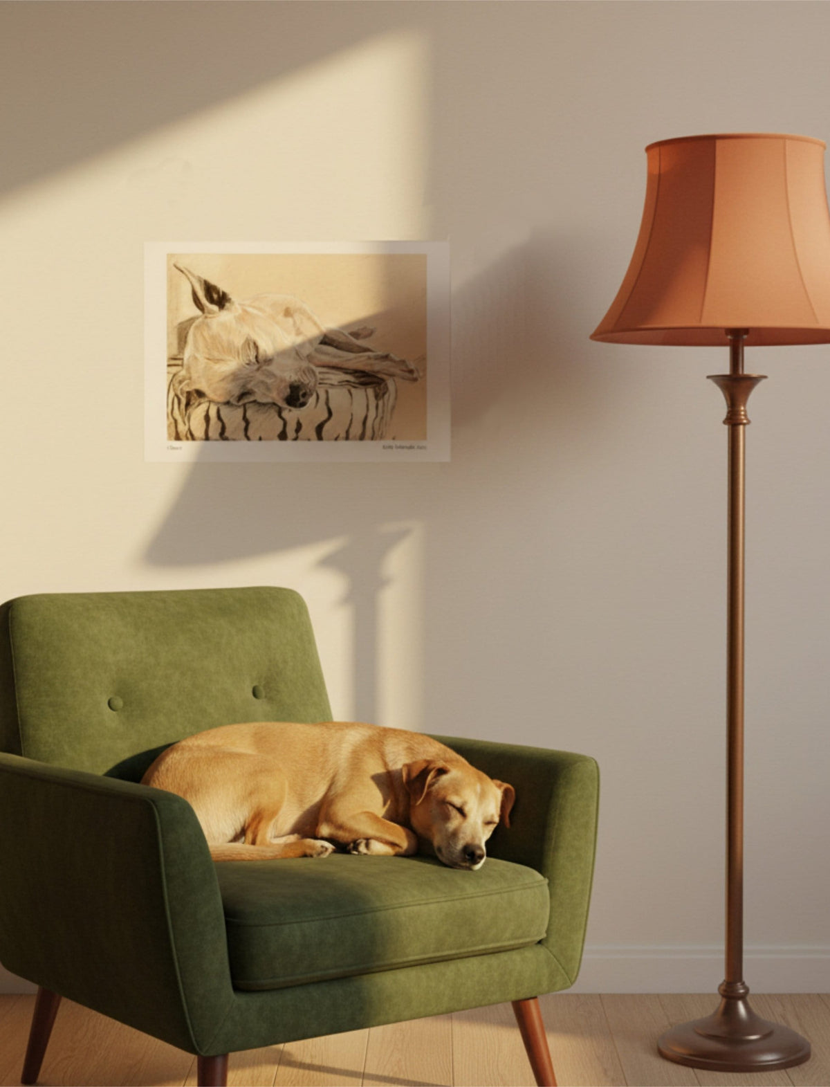 Chance the Staffordshire Bull Terrier Art Print on a wall next to a standard lamp above a green chair with a sleeping dog on it