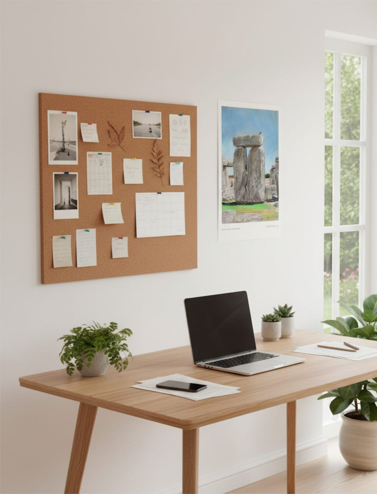 Sunny Summer at Stonehenge Art Print next to a pinboard above a desk with a macbook