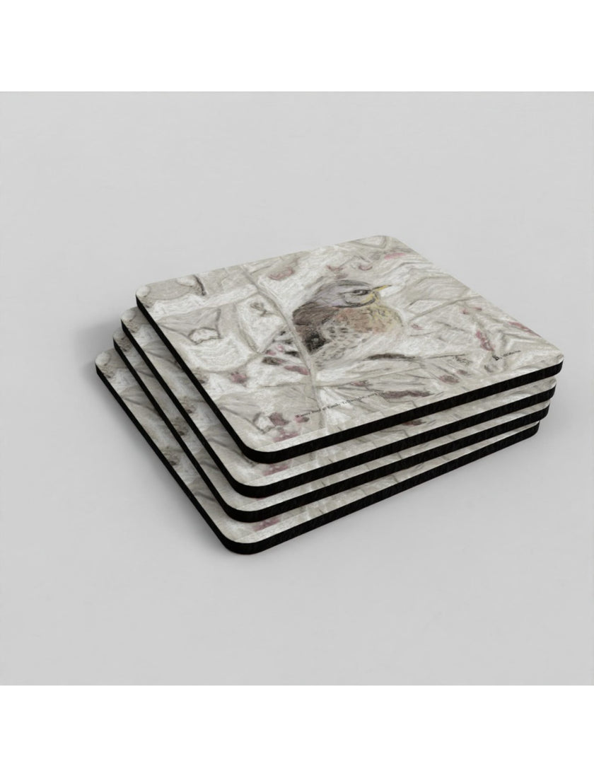 Winter Bird Coasters showing a pencil drawing by Emily Tellwright