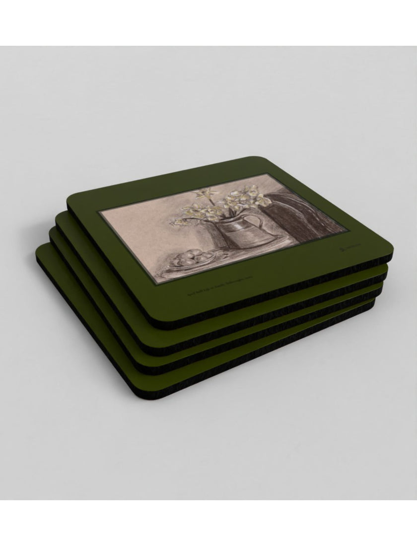 April Still Life coasters showing a charcoal drawing by Emily Tellwright