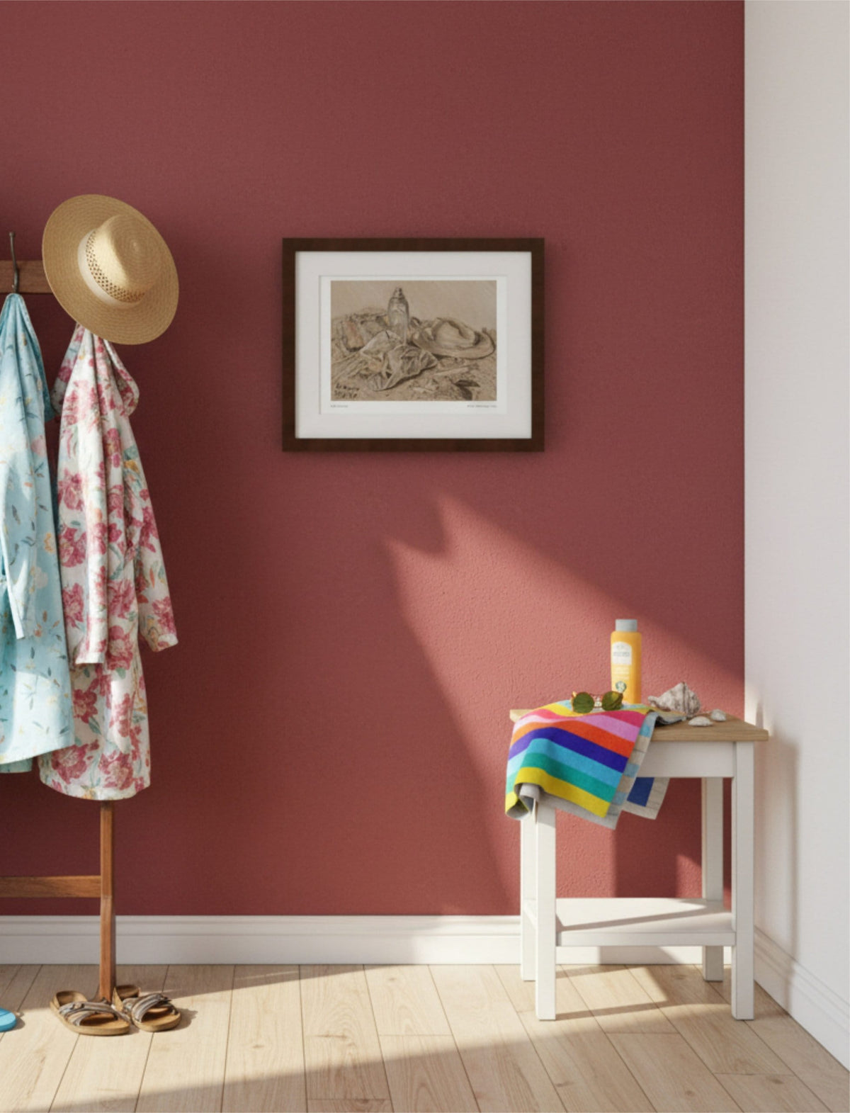 At the Seaside Framed Art Print on a red wall with a coat stand with summer hats and coats, sandals and a table with towels, sunscreen and beach accessories
