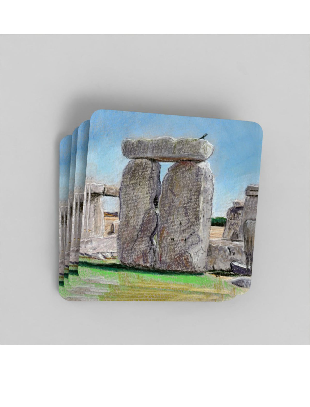 Sunny Summer at Stonehenge Coasters showing a pastel drawing by Emily Tellwright