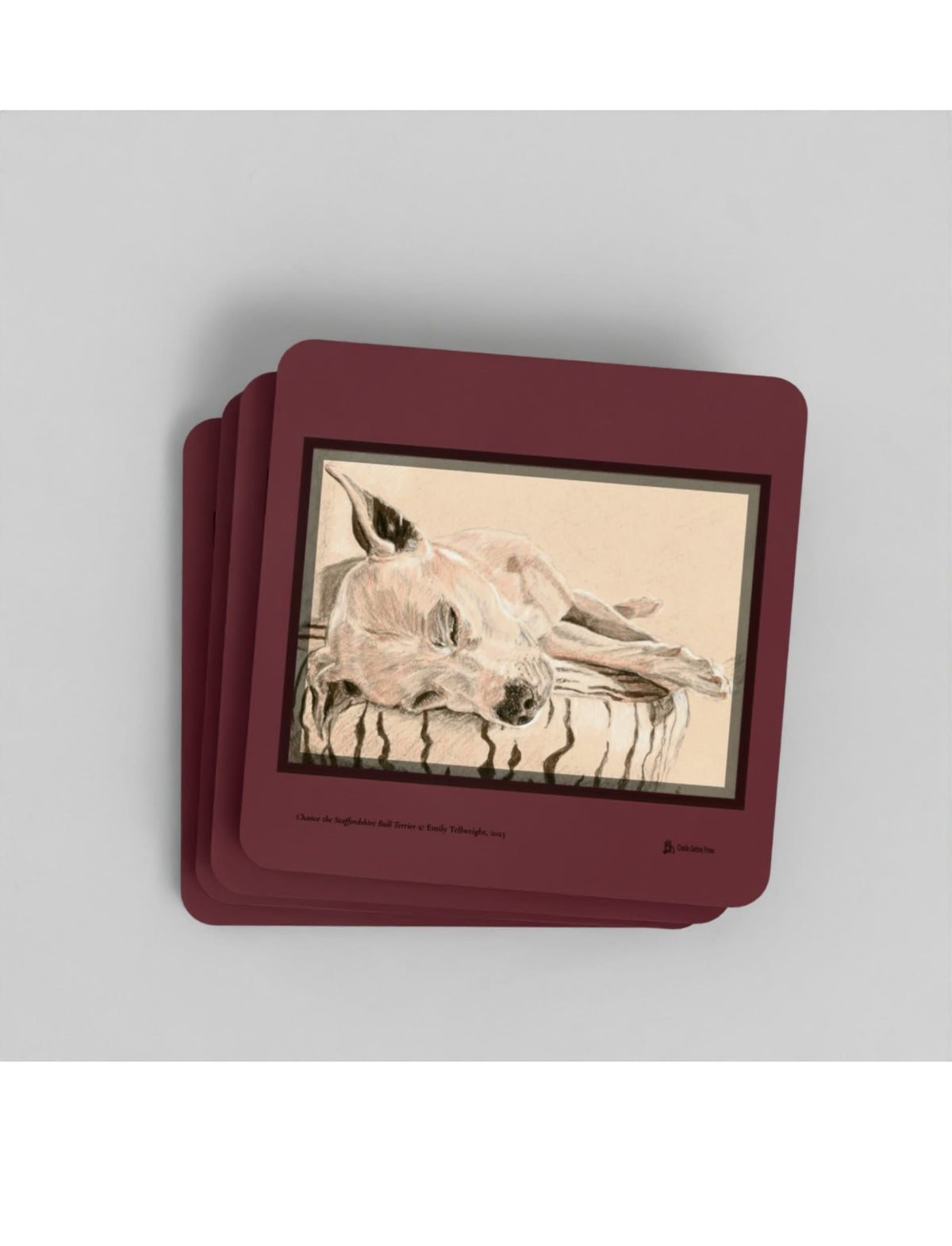 Chance the Staffordshire Bull Terrier Coasters showing a drawing by Emily Tellwright