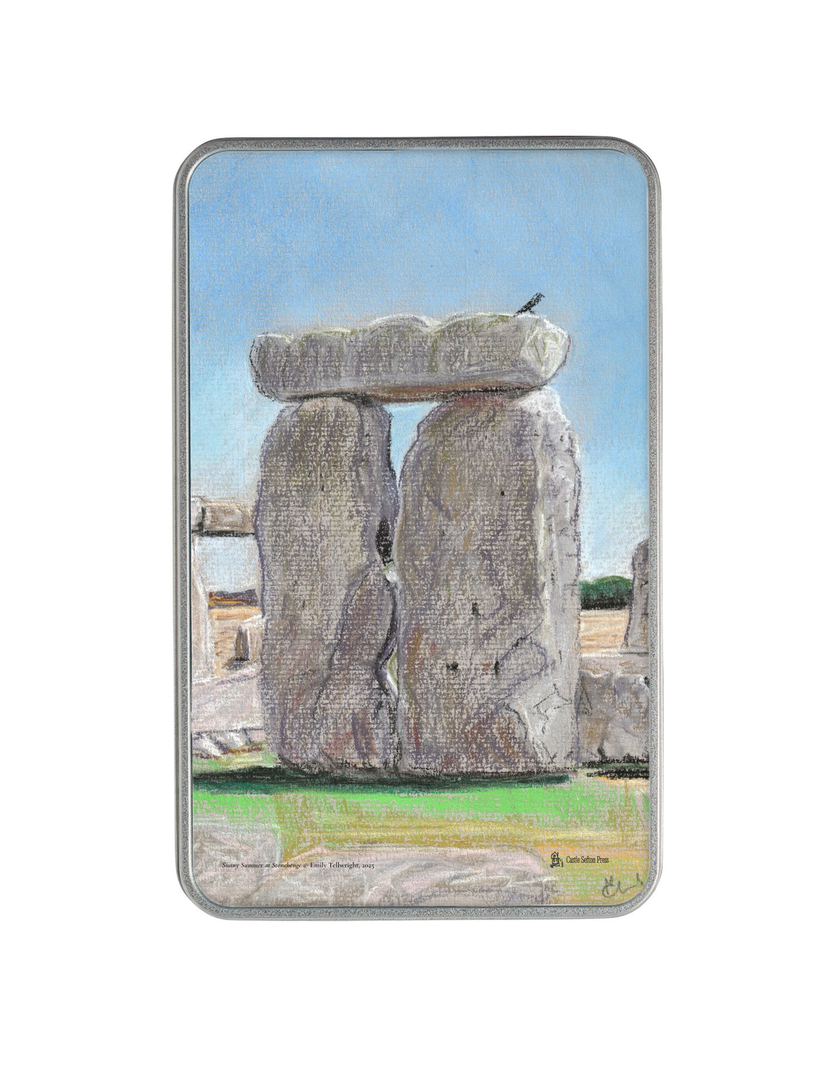 Sunny Summer at Stonehenge Storage tin, a metal tin showing a pastel drawing by Emily Tellwright