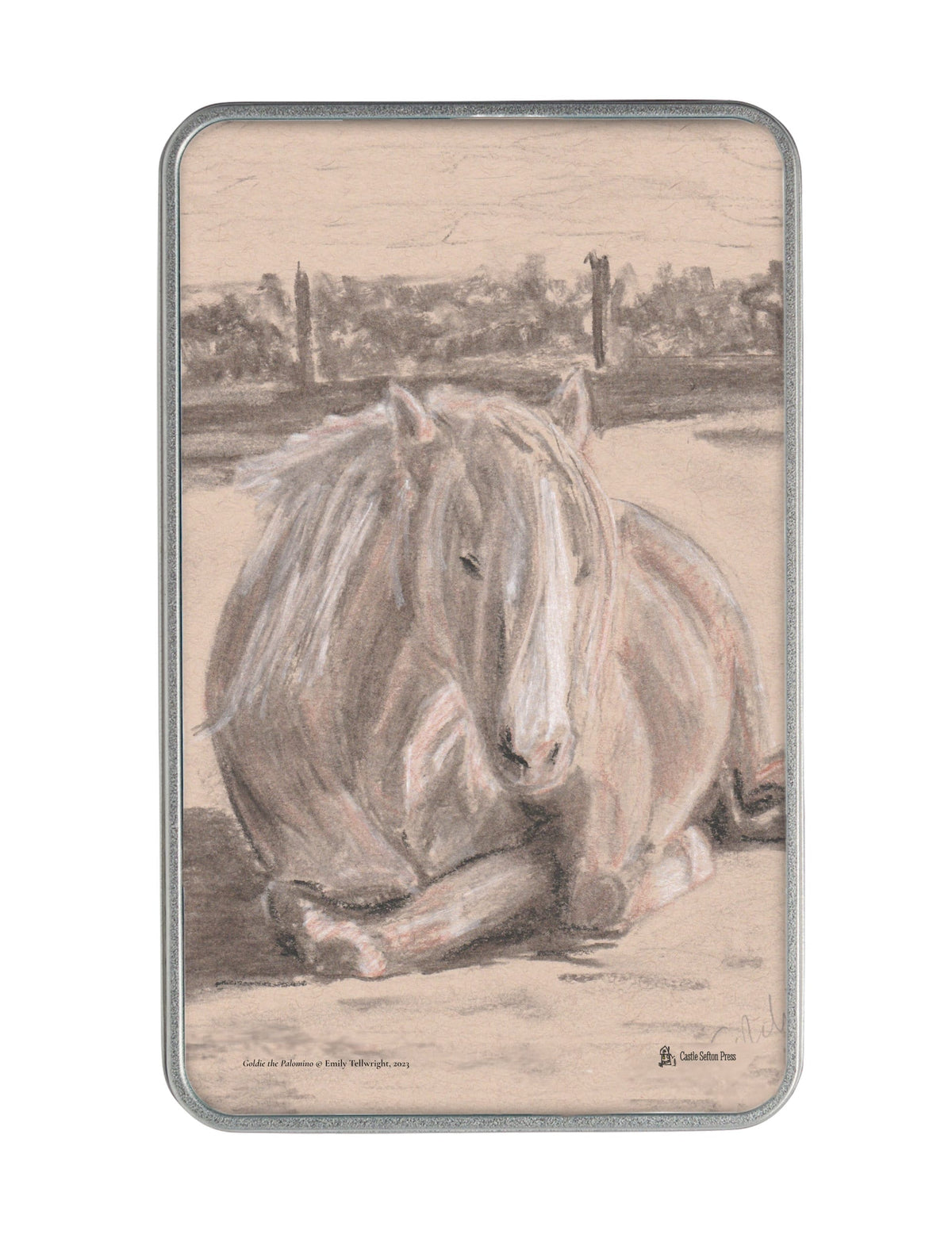 Goldie the Palomino storage tin a metal tin with a charcoal and chalk drawing by Emily Tellwright