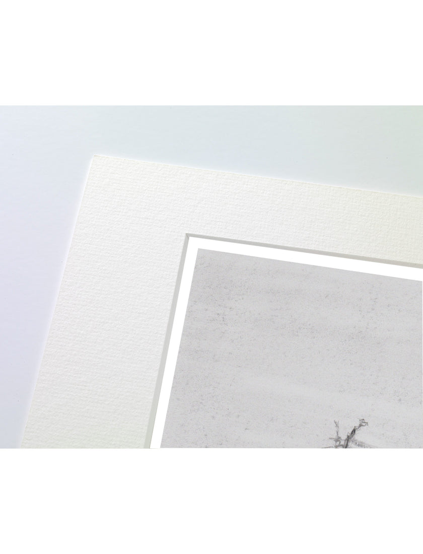 A close-up of a matted art print showing part of a pencil drawing on textured paper, with a white mat border and a pale blue-gray background.