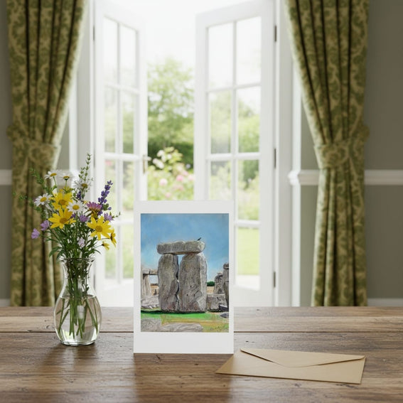 A greetings card of Stonehenge displayed on a wooden table next to a glass vase of yellow and purple wildflowers, with a brown envelope in front. The print is set against a real-world background of a bright room with green curtains and open white French doors.