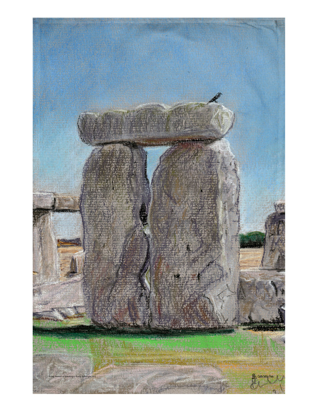 A pastel of Stonehenge printed on cloth, featuring the large standing stones under a blue sky, with a small bird perched on the top stone. The artwork is presented with a white border.