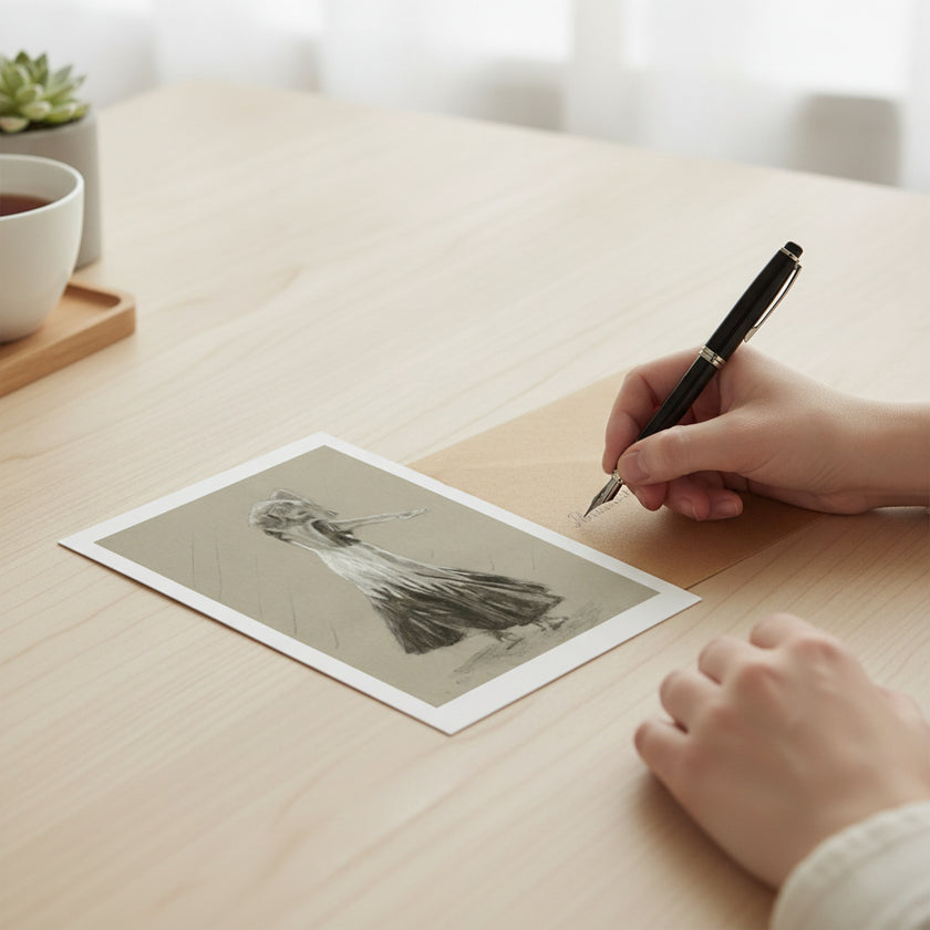 A hand holds a black pen over a greetings card showing ginger rogers on a light wood desk, with a cup and small plant in the softly blurred background.