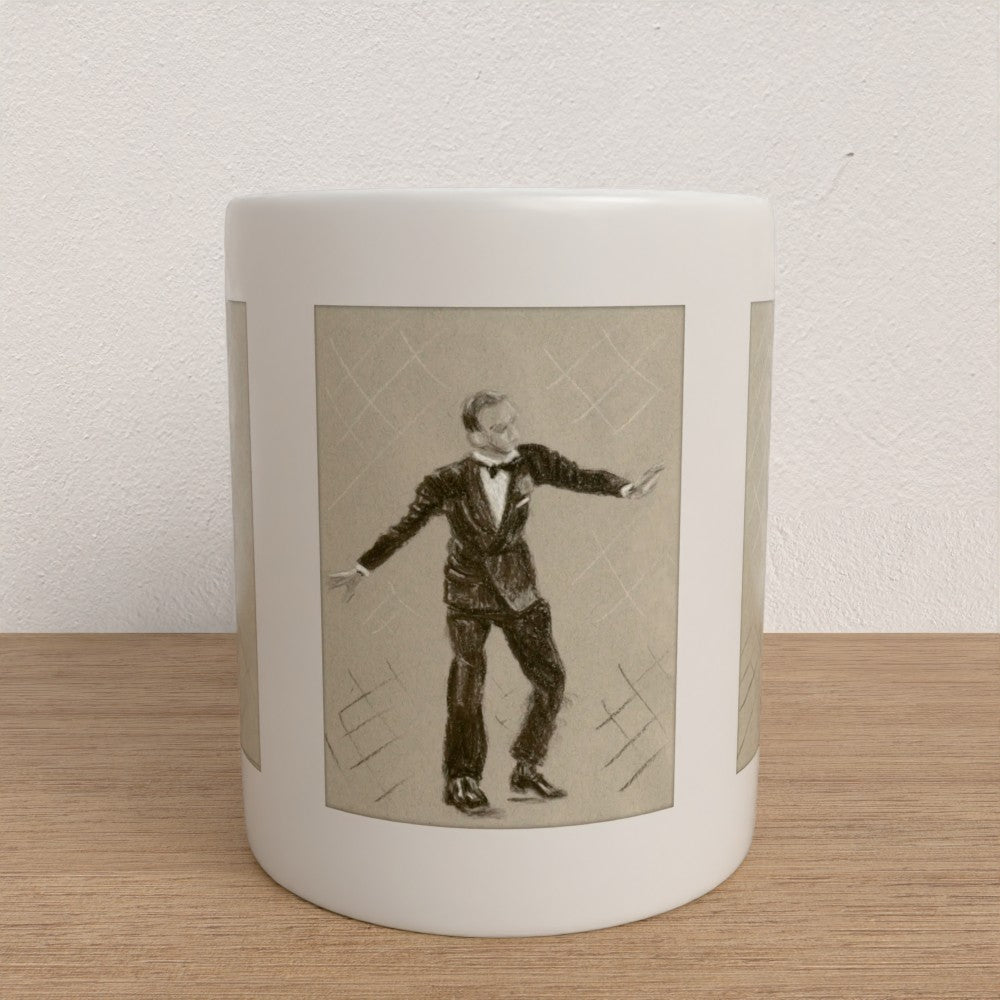 A white ceramic mug with a sepia-toned illustration of a man in a tuxedo, displayed on a light wood surface against a textured off-white wall.