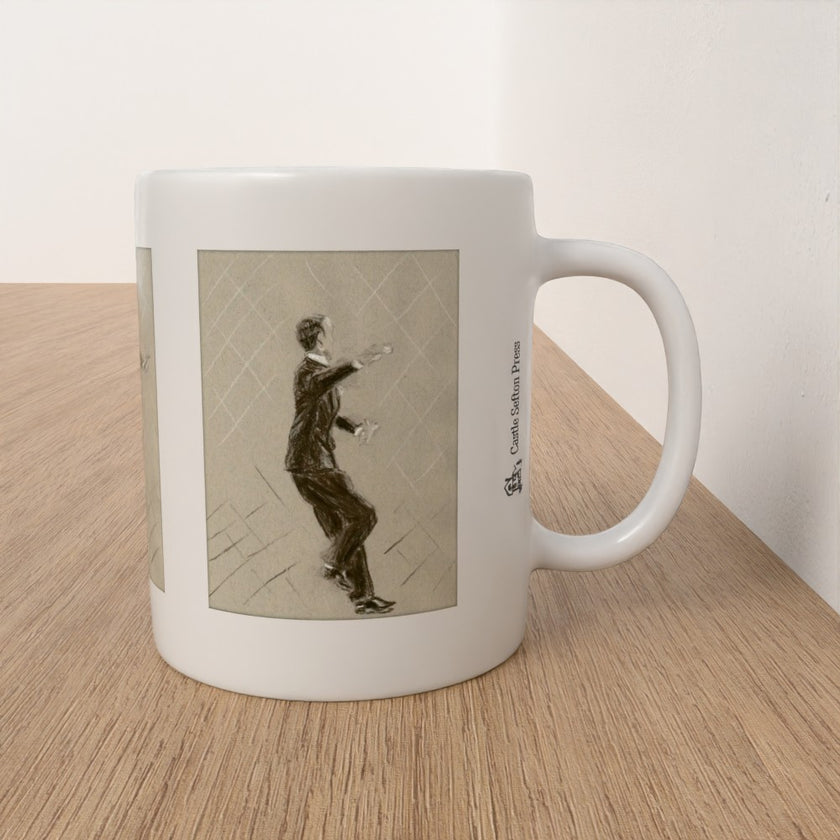 A white ceramic mug with a printed sepia-toned illustration of a dancing figure, placed on a light wood tabletop against a white wall.