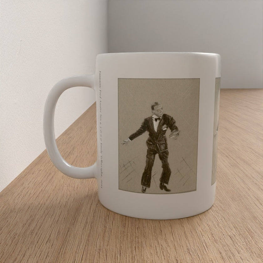 A white ceramic mug with a sepia-toned vintage illustration of a man in a tuxedo, sitting on a light wood tabletop against a neutral wall.