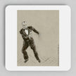 A square white coaster with rounded corners featuring a sepia-toned sketch of a man in a tuxedo dancing, photographed on a light gray background.