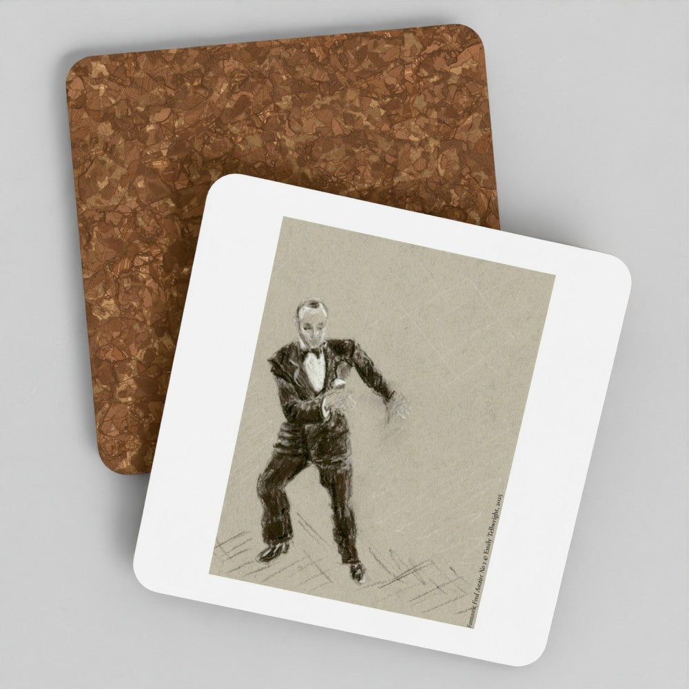 Two square cork coasters with rounded corners, one plain brown and one printed with a vintage sketch of a man in a tuxedo, displayed on a light gray background.