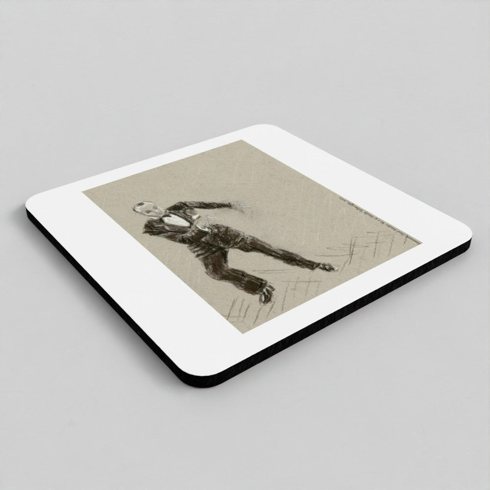 A square coaster with rounded corners, featuring a vintage-style sepia sketch of a man in a suit on a beige background, surrounded by a white border and a black edge, shown on a neutral gray background.