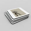 A stack of square coasters with rounded corners, featuring a vintage sepia-toned illustration of a man in a suit on the top coaster, shown on a light gray background.
