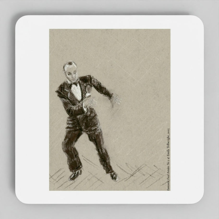 A square white coaster with rounded corners featuring a sepia-toned sketch of a man in a tuxedo dancing, photographed on a light gray background.