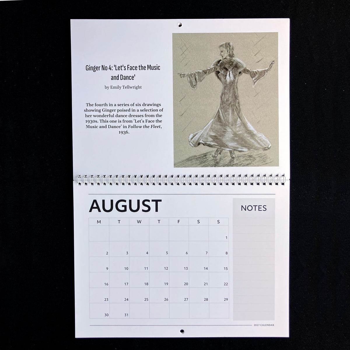 A single-page calendar spread showing August, with a black-and-white sketch of a dancer on the top page and a calendar grid on the bottom page, photographed against a black background.