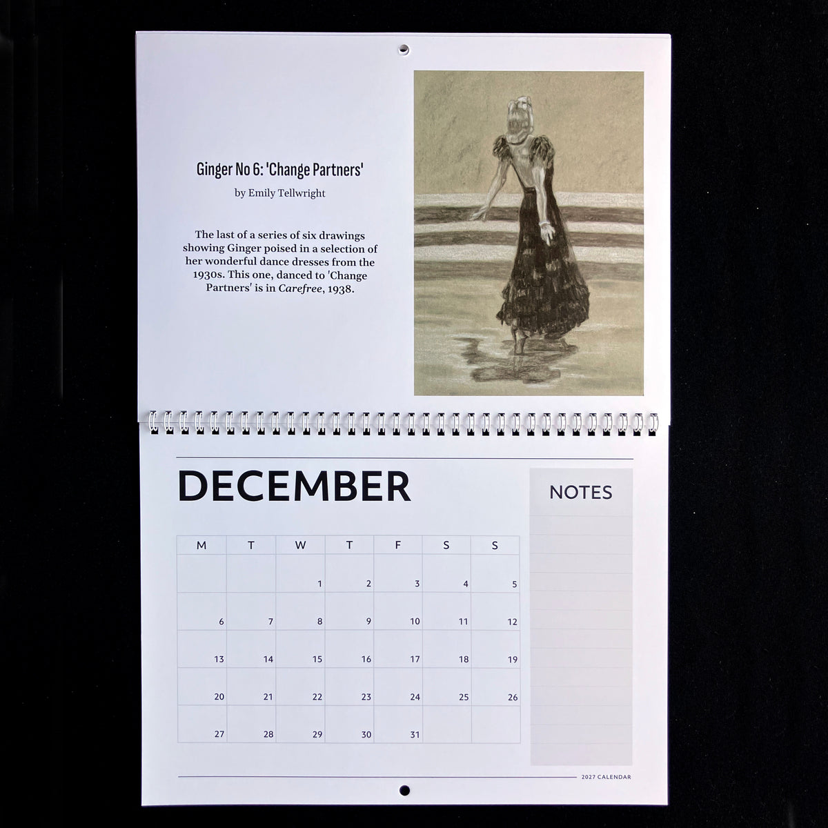 A spiral-bound 2027calendar page shown against a black background, featuring an art print on the left with the title 'Ginger No. 6: Change Partners' and an illustration by Emily Tellwright, and a December calendar grid on the right.