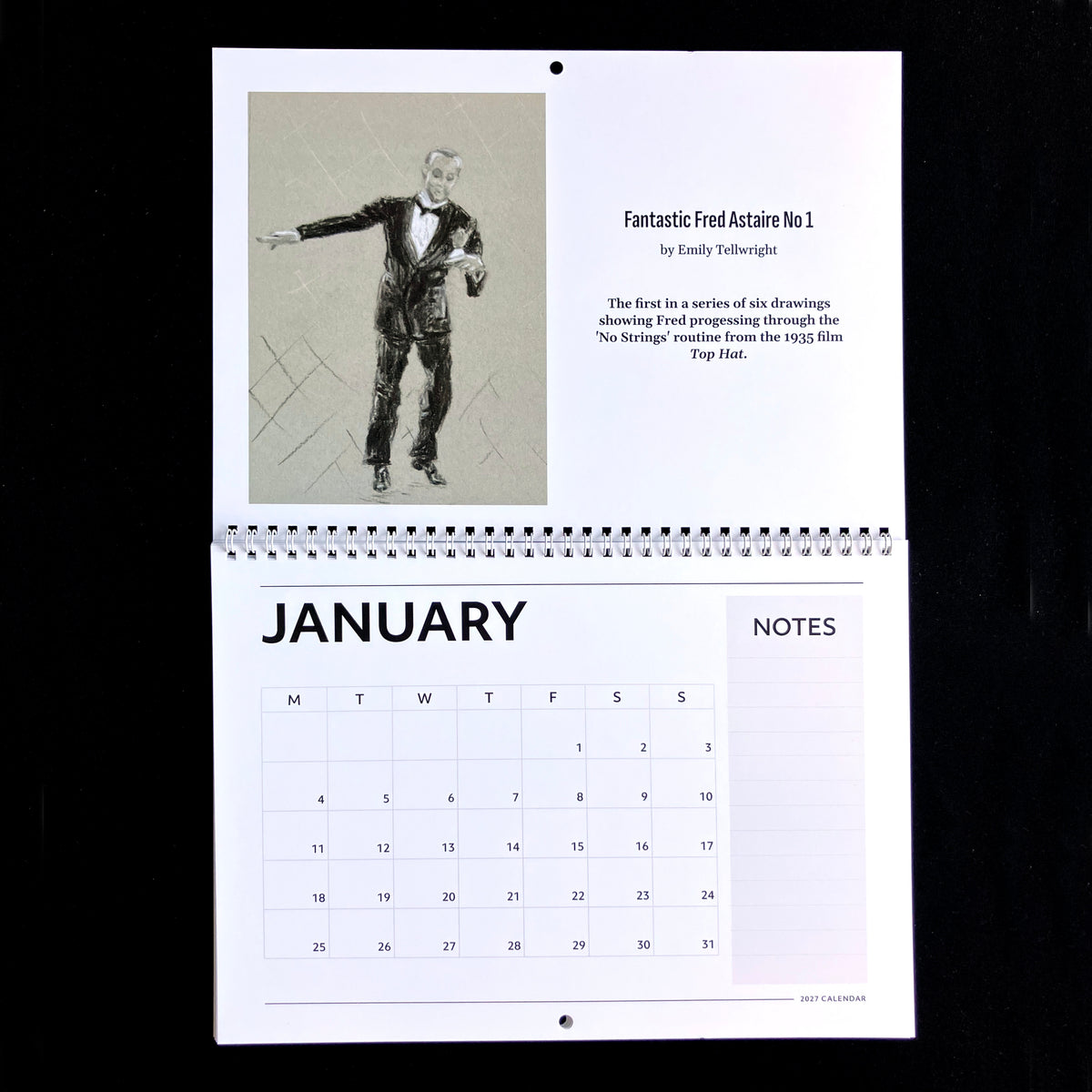 A vintage January spiral-bound calendar page displayed against a black background. The page features an illustration of a man in a tuxedo, text reading 'Fantastic Fred Actaire No 1' by Emily Tellwright, a January calendar grid, and a notes section.