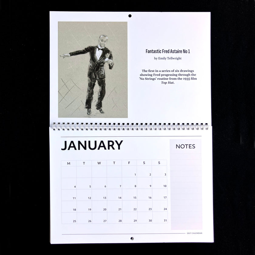 A vintage January spiral-bound calendar page displayed against a black background. The page features an illustration of a man in a tuxedo, text reading 'Fantastic Fred Actaire No 1' by Emily Tellwright, a January calendar grid, and a notes section.