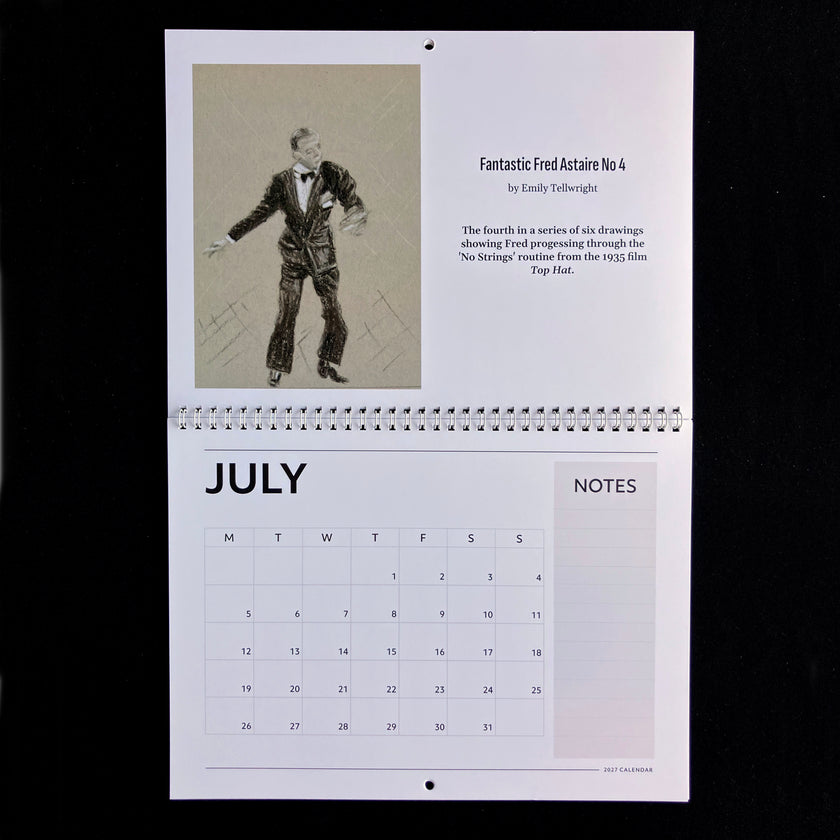 A july calendar page with a drawing of fred astaire by emily tellwright