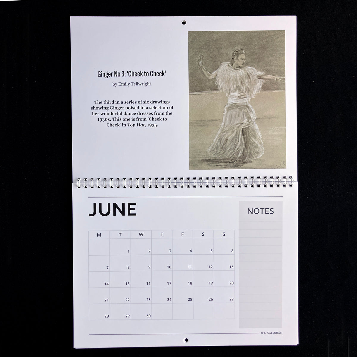 A vintage spiral-bound calendar page from 2021, featuring a black and white illustration of a dancer and text for 'Ginger No 3: 
