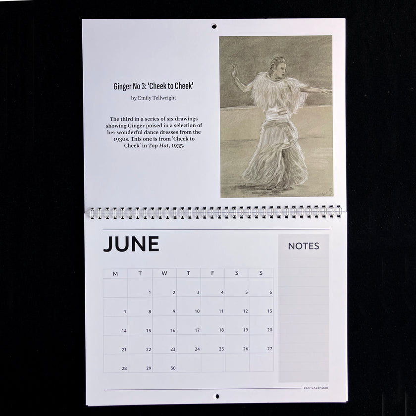 A vintage spiral-bound calendar page from 2021, featuring a black and white illustration of a dancer and text for 'Ginger No 3: 