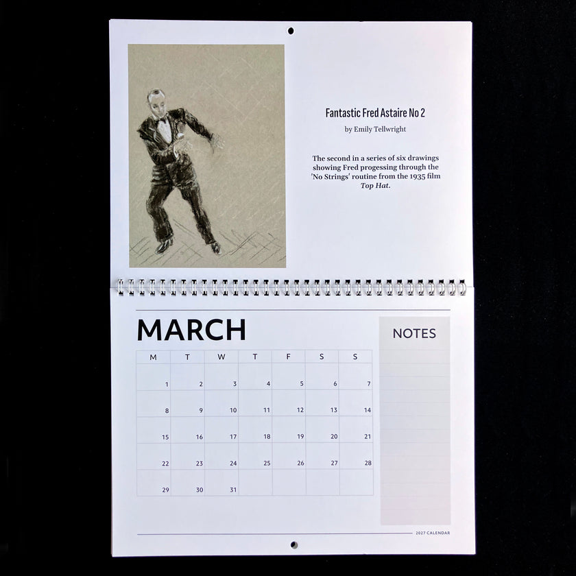 A spiral-bound calendar page from March featuring a black-and-white sketch of a man in a tuxedo with the title 'Fantastic Fred Astaire No 2' and a printed notes section, photographed against a black background.