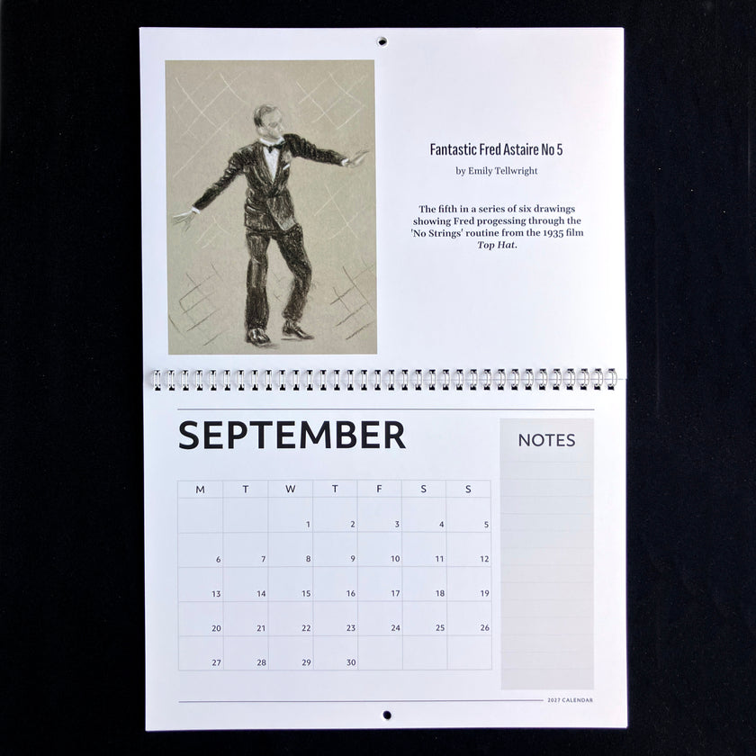 A vintage September  spiral-bound calendar page featuring a black-and-white illustration of Fred Astaire in a tuxedo with the text 'Fantastic Fred Astaire No. 5' and a calendar grid below.