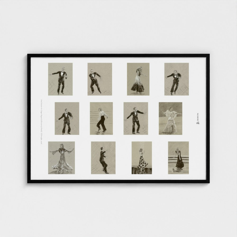 A framed art print featuring a 3x4 grid of vintage dance illustrations, shown against a light grey wall. The print has a white mat border and contains 12 small sepia-toned panels depicting couples in various dance poses.