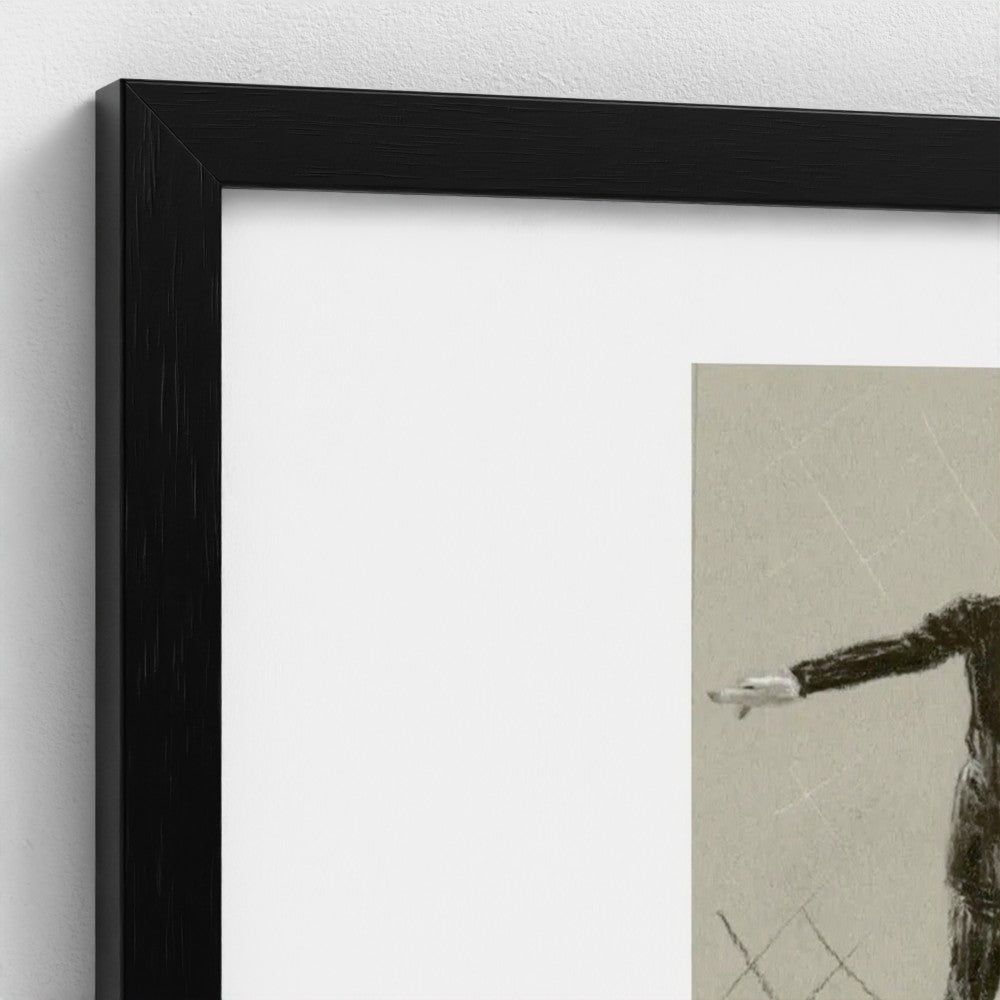 A close-up of a framed wall art print with a thick black frame and white mat, showing part of a monochrome figure artwork on a beige background.