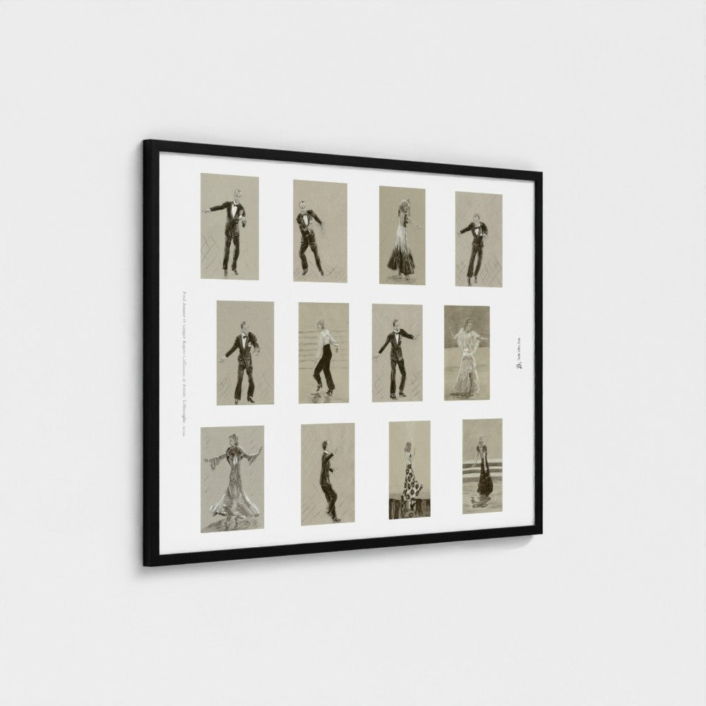 A framed art print featuring a 3x4 grid of vintage black and white illustrations of people dancing, displayed on a light grey wall.