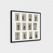 A framed art print featuring a 3x4 grid of vintage black and white illustrations of people dancing, displayed on a light grey wall.