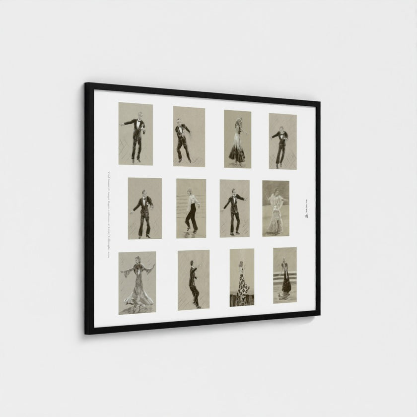 A framed art print featuring a 3x4 grid of vintage black and white illustrations of people dancing, displayed on a light grey wall.