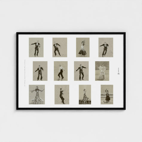 A framed art print featuring a 3x4 grid of vintage dance illustrations, shown against a light grey wall. The print has a white mat border and contains 12 small sepia-toned panels depicting couples in various dance poses.
