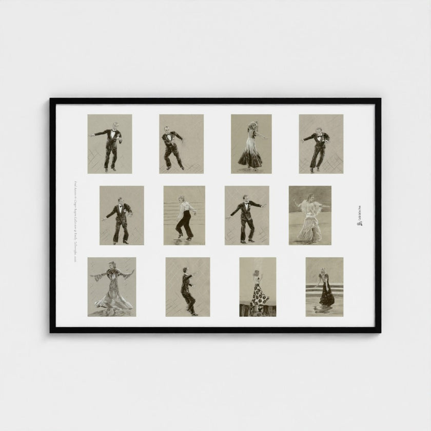 A framed art print featuring a 3x4 grid of vintage dance illustrations, shown against a light grey wall. The print has a white mat border and contains 12 small sepia-toned panels depicting couples in various dance poses.