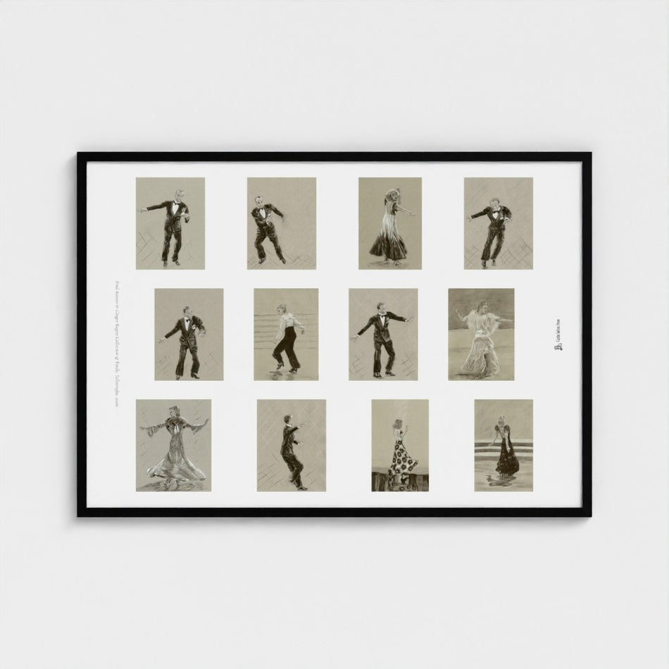 A framed art print featuring a 3x4 grid of vintage dance illustrations, shown against a light grey wall. The print has a white mat border and contains 12 small sepia-toned panels depicting couples in various dance poses.